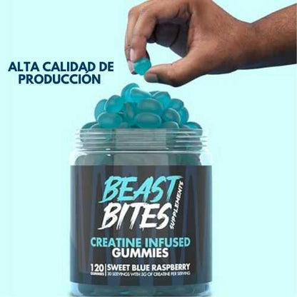 Beast Bites Creatina Monohidrato 5g Gomitas, 30 Porciones, Frambuesa Azul Dulce, 150 Cuenta